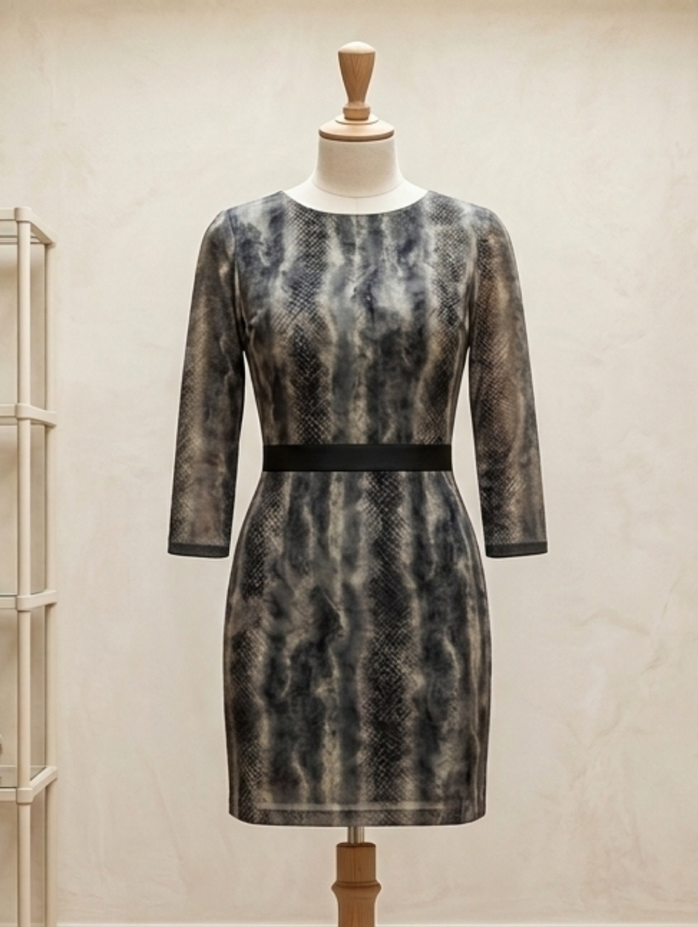 NWT Snake skin print Bodycon Dress with Shear Overlay and solid black lining. XS